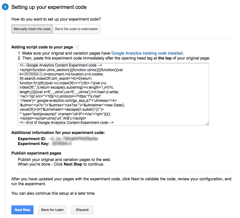 A/B testing guide: Google Experiments code output example